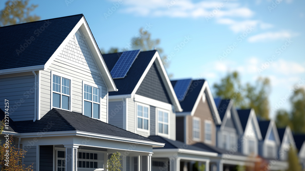 A row of modern single-family houses with solar panels on the roofs, on a sunny day A row of modern single-family houses with solar panels on the roofs, on a sunny day