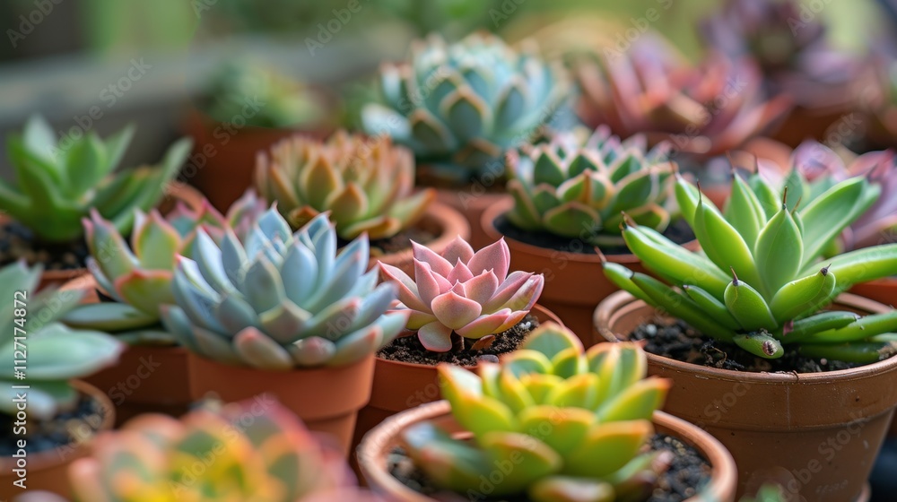 Potted succulent plants in a greenhouse setting Potted succulent plants in a greenhouse setting