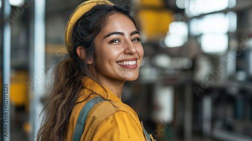A cheerful woman wearing a yellow work uniform, standing in a dynamic industrial environment, exuding confidence and positivity. Her smile reflects enthusiasm and professionalism in the workplace.