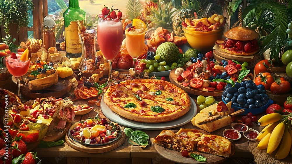 Fototapeta premium A vibrant tapestry of culinary delights, featuring an array of delectable dishes and refreshing beverages. From savory pizzas to tantalizing desserts, this visual feast showcases the diversity