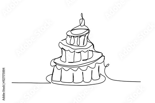 Birthday cake in continuous line art drawing style.