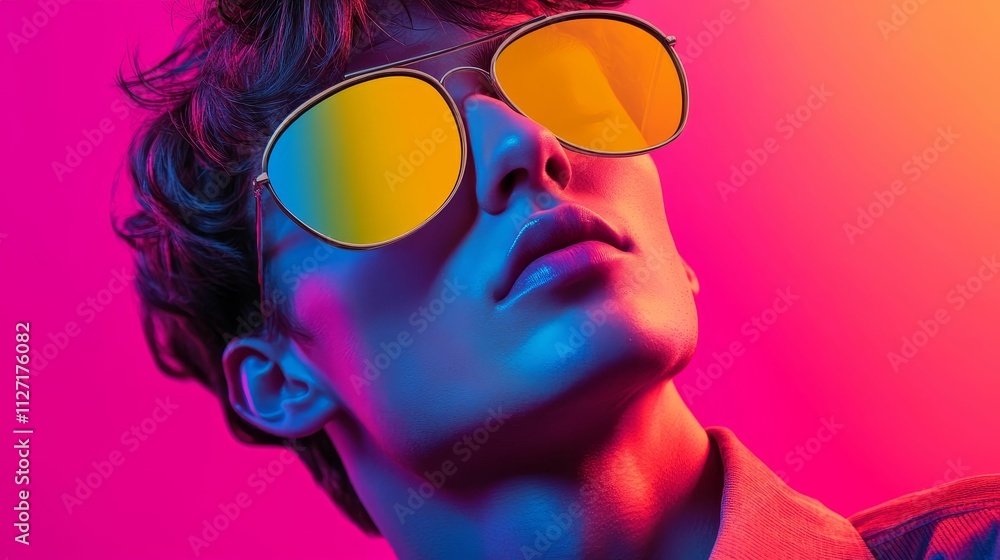 Person's face, vibrant color, sunglasses, neon lighting. Person's face, vibrant color, sunglasses, neon lighting.
