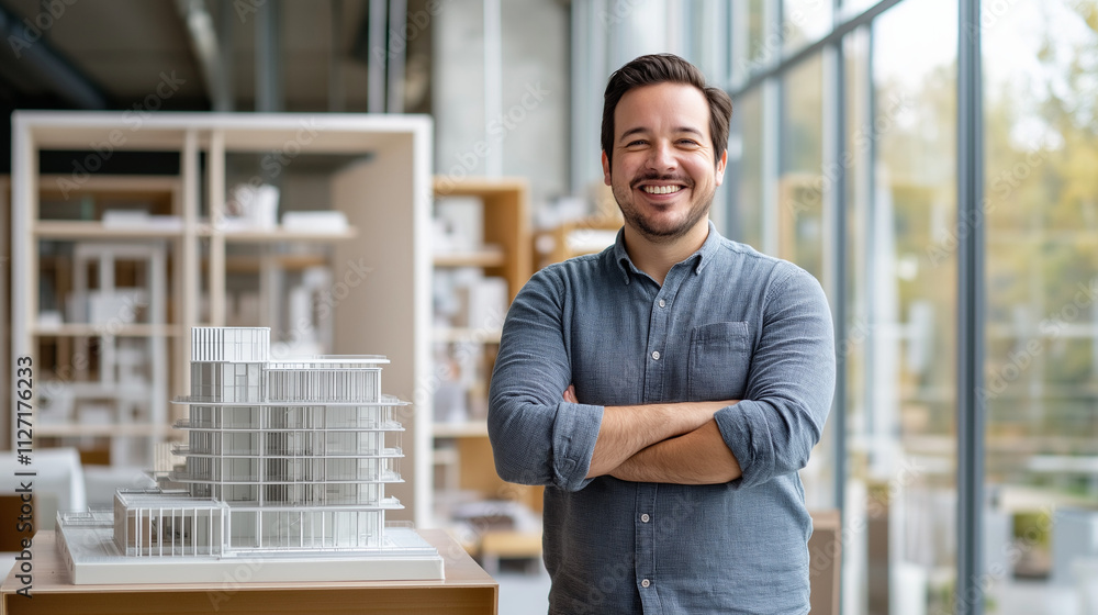 A professional architect standing confidently in a modern office environment, smiling beside a detailed architectural model. The bright space showcases creativity and expertise in the field of archite A professional architect standing confidently in a modern office environment, smiling beside a detailed architectural model. The bright space showcases creativity and expertise in the field of archite