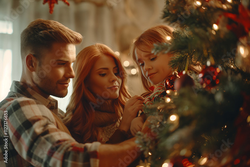 A family of three, a man, a woman and a child, are decorating a Christmas tree