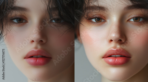 Before and after banner with copy space, women's lips, cosmetology, beauty procedures photo