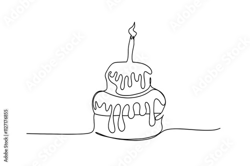 Birthday cake in continuous line art drawing style.