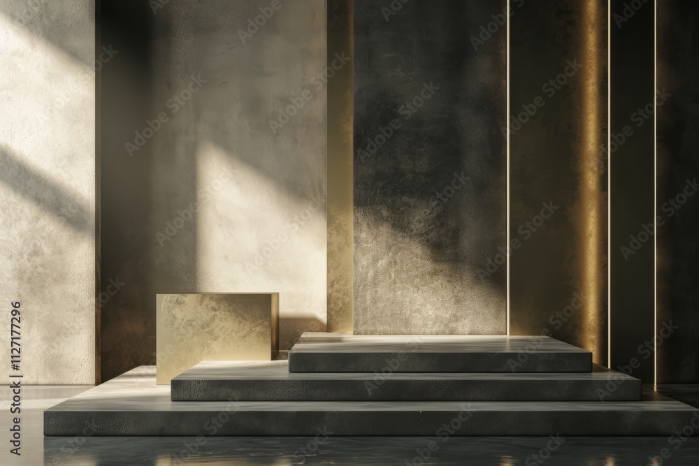 Three empty stairs dark brown and golden pedestals showing luxurious product placement background with golden arches Three empty stairs dark brown and golden pedestals showing luxurious product placement background with golden arches