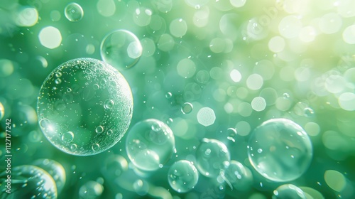 Abstract green background with floating bubbles and bokeh lights.