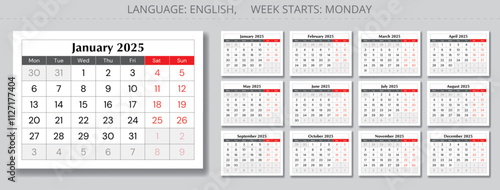 2025 calendar. Design with Monday start. Vector collection of English monthly calendars