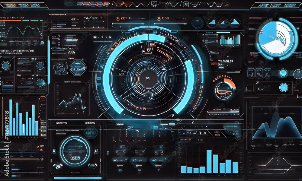 A futuristic dashboard displaying data analytics, graphs, and metrics in a high-tech interface. A futuristic dashboard displaying data analytics, graphs, and metrics in a high-tech interface.