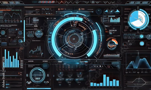 A futuristic dashboard displaying data analytics, graphs, and metrics in a high-tech interface.