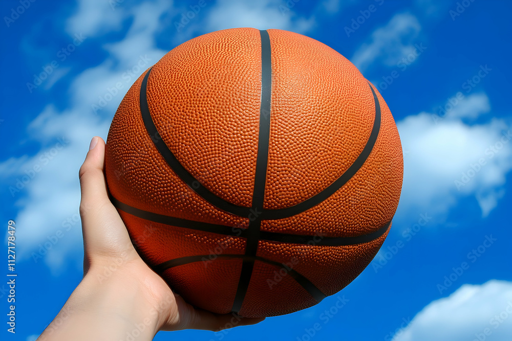 A hand raises a vibrant basketball to the bright blue sky, capturing playful energy A hand raises a vibrant basketball to the bright blue sky, capturing playful energy