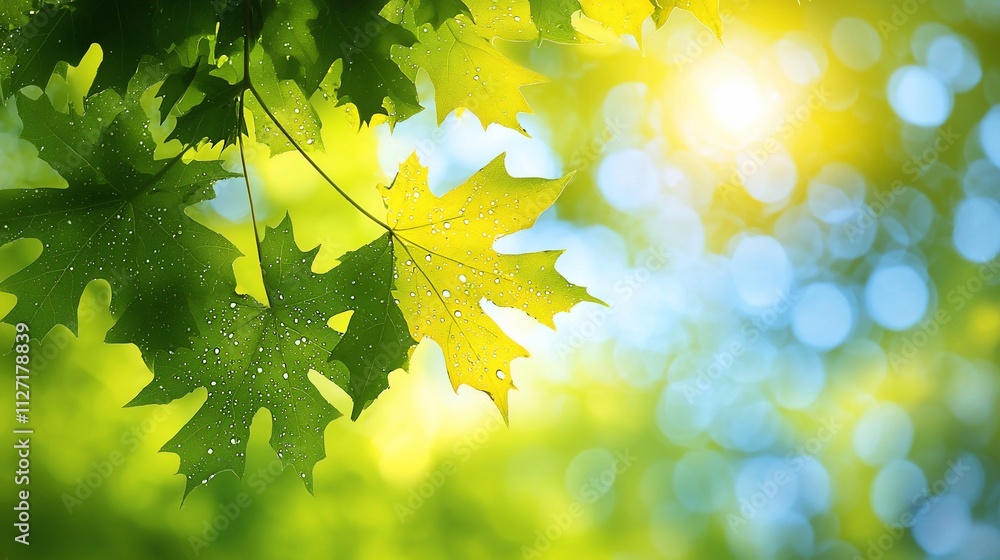 Sunlit maple leaves with dew drops, bokeh background. Sunlit maple leaves with dew drops, bokeh background.
