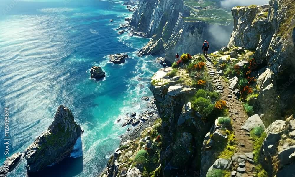 Hikers traversing a coastal cliffside path overlooking a vibrant ocean. Hikers traversing a coastal cliffside path overlooking a vibrant ocean.