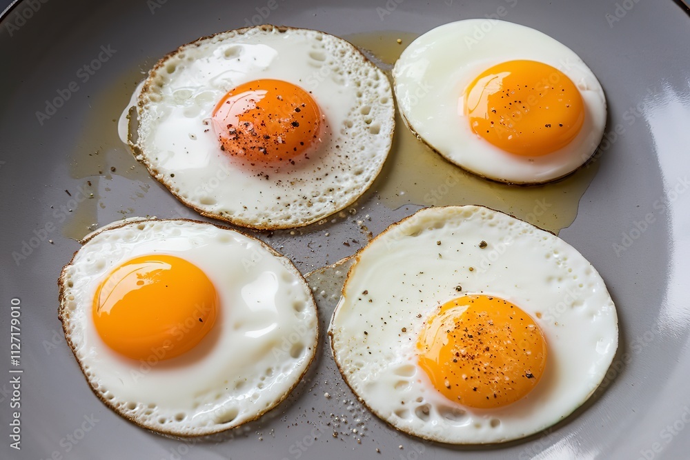 four sunny-side-up eggs on a gray plate four sunny-side-up eggs on a gray plate