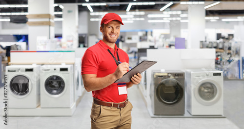 Appliance store manager writing a document photo