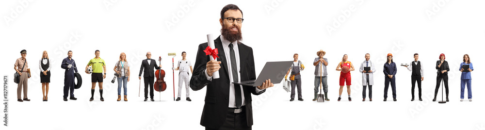 =People with different professions and man holding a laptop computer and college degree =People with different professions and man holding a laptop computer and college degree