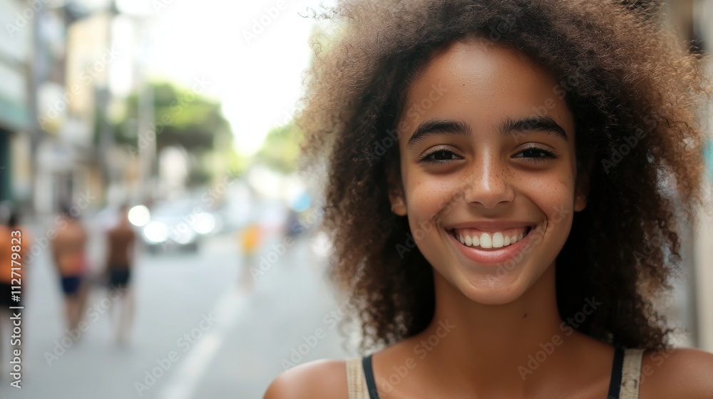 Close-up portraits of a young Brazilian girl with a radiant smile, standing on vibrant city streets, exuding joy and authenticity in urban surroundings.