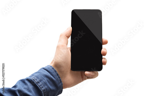 Male hand holding a smartphone with blank screen