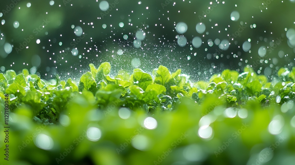 An automated sprinkler system diligently tends to a verdant vegetable farm, its rhythmic spray fostering growth and vitality An automated sprinkler system diligently tends to a verdant vegetable farm, its rhythmic spray fostering growth and vitality