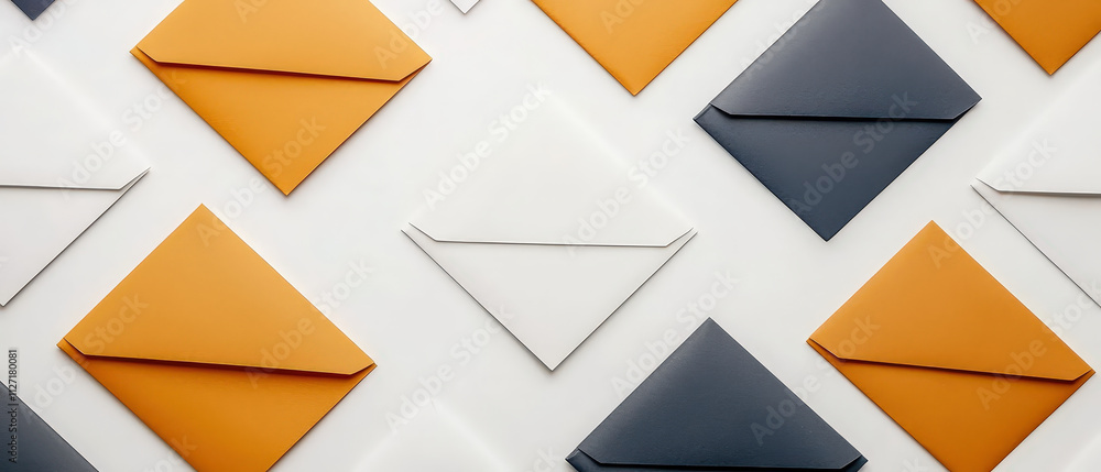 Colorful envelopes arranged in geometric pattern on flat surface, showcasing mix of orange, white, and dark envelopes. This visually appealing layout is perfect for creative projects Colorful envelopes arranged in geometric pattern on flat surface, showcasing mix of orange, white, and dark envelopes. This visually appealing layout is perfect for creative projects