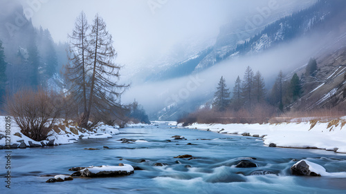 Winter River in a Misty Mountain Landscape - Serene Snowy Scene