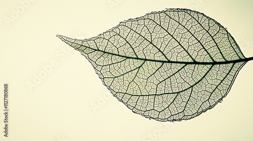 Close-up of a single, translucent leaf showcasing intricate vein structure against a light background.