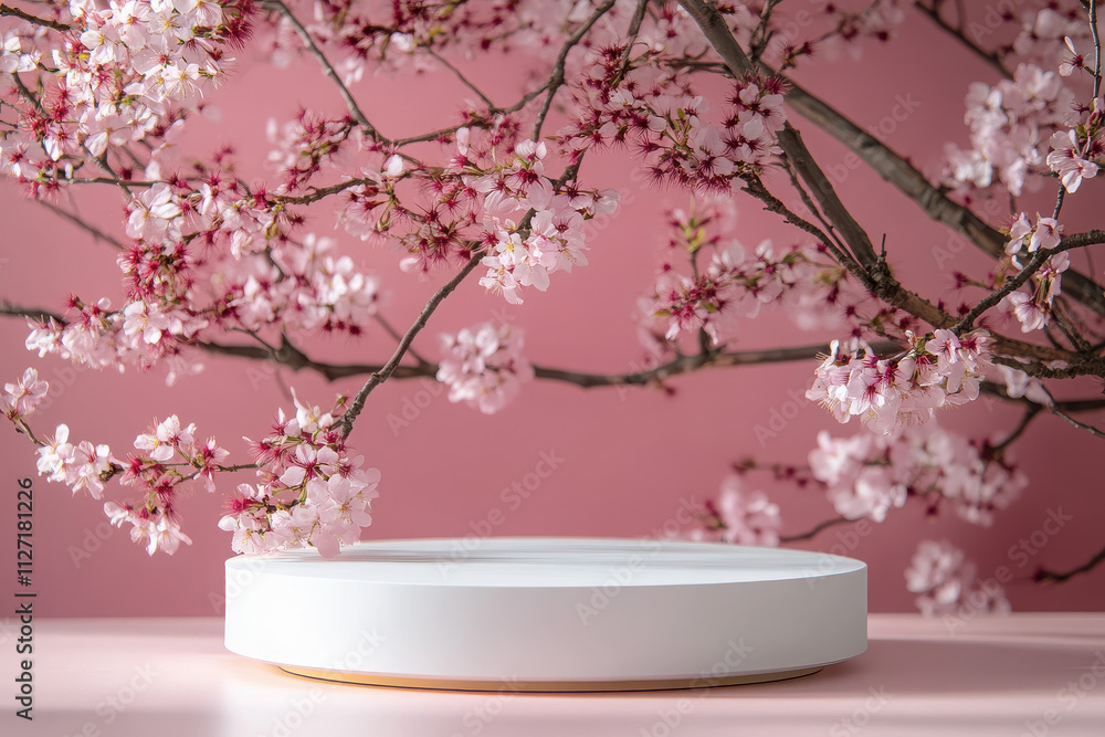 A minimalist display featuring a white platform and delicate cherry blossoms against a pink background. A minimalist display featuring a white platform and delicate cherry blossoms against a pink background.