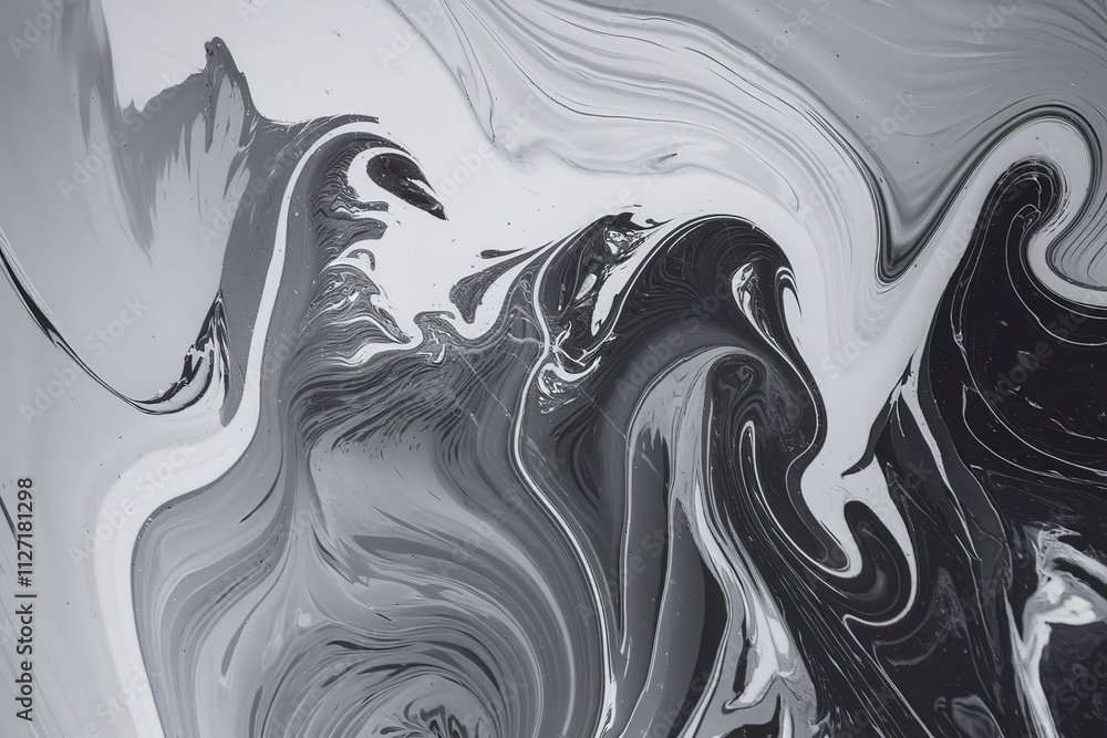 A fluid art piece with swirling patterns of black, white, and gray A fluid art piece with swirling patterns of black, white, and gray