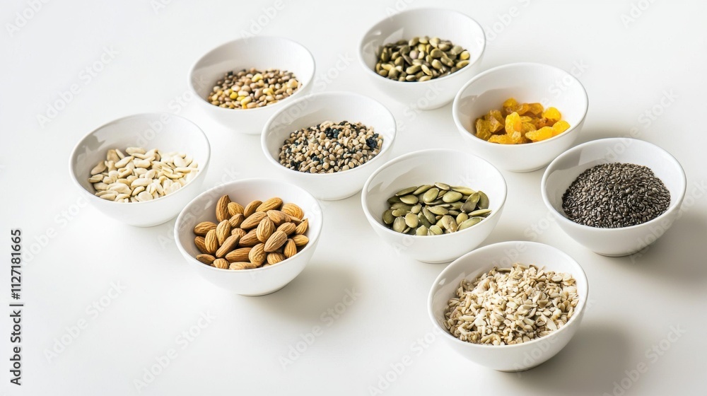 A neatly arranged selection of small bowls filled with nuts, seeds, and dried fruits, showcasing healthy snack options for a balanced diet, presented in a minimalist style. A neatly arranged selection of small bowls filled with nuts, seeds, and dried fruits, showcasing healthy snack options for a balanced diet, presented in a minimalist style.