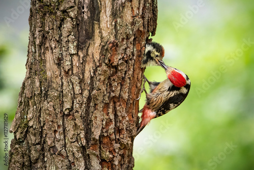 Middle Spotted Woodpecker (Dendrocopos medius) skillfully clinging to a rugged tree trunk, showcasing its vibrant red crown and intricate plumage patterns against a lush green forest background.