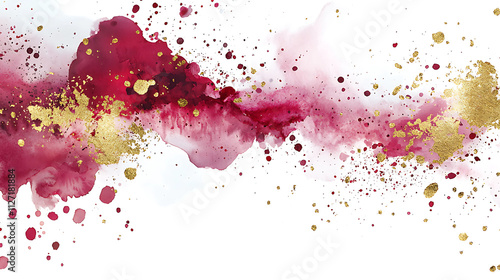Watercolor abstract background with pink, red and gold splashes.