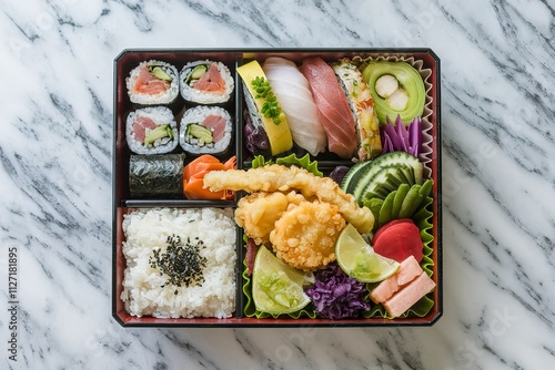 A medium shot of a Japanese Asian meal in a plastic box container filled with a variety of fresh ingredients photo