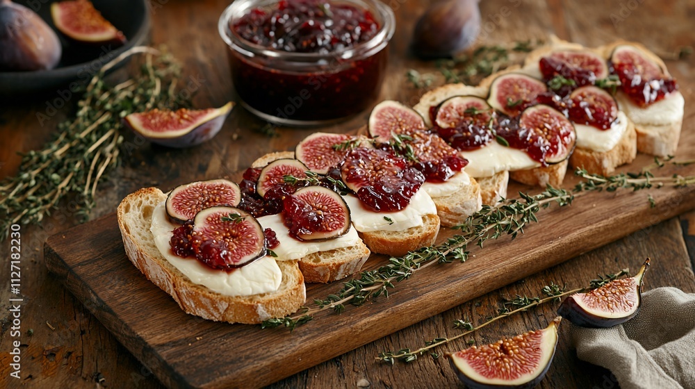 Fig and cheese crostini with jam on wooden board. Fig and cheese crostini with jam on wooden board.