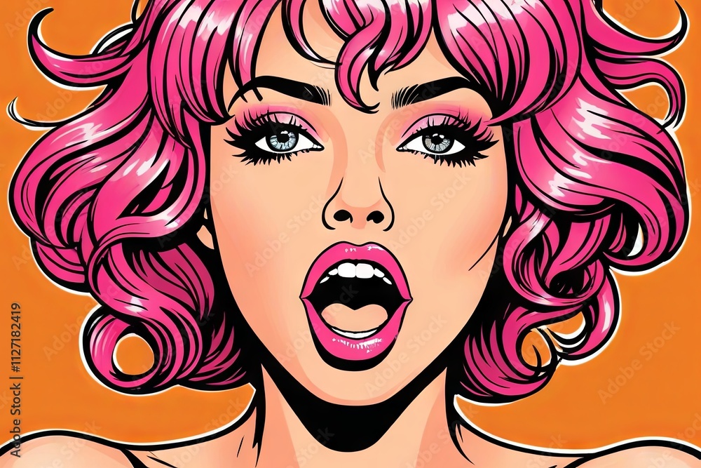 Bright pink haired woman with bold makeup expressing excitement against a vibrant orange background Bright pink haired woman with bold makeup expressing excitement against a vibrant orange background