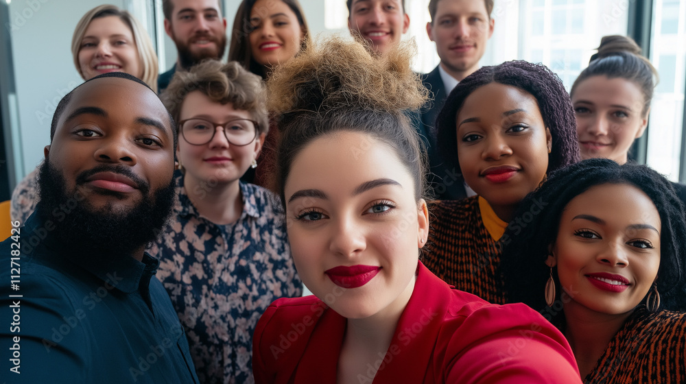 Obraz premium Stylish Diverse Business Group Poses for Selfie with Cameras in Office, Embracing Vogue Aesthetic
