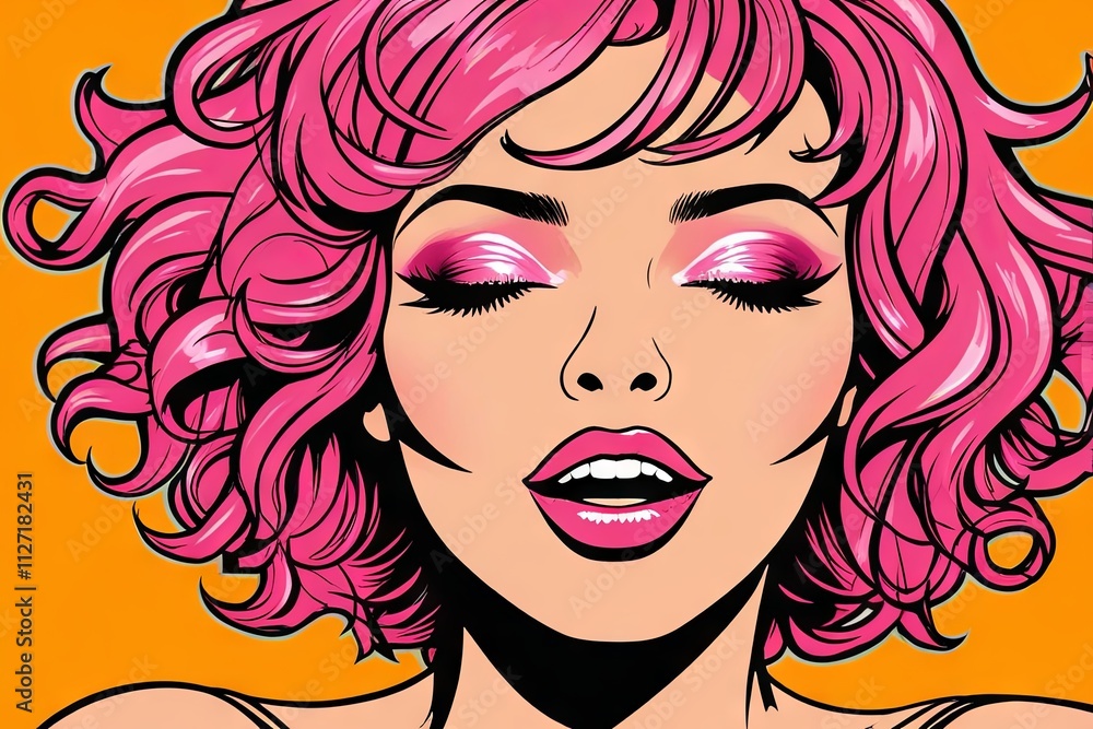 Artistic portrait of a woman with vibrant pink hair and bold makeup against a bright orange background Artistic portrait of a woman with vibrant pink hair and bold makeup against a bright orange background