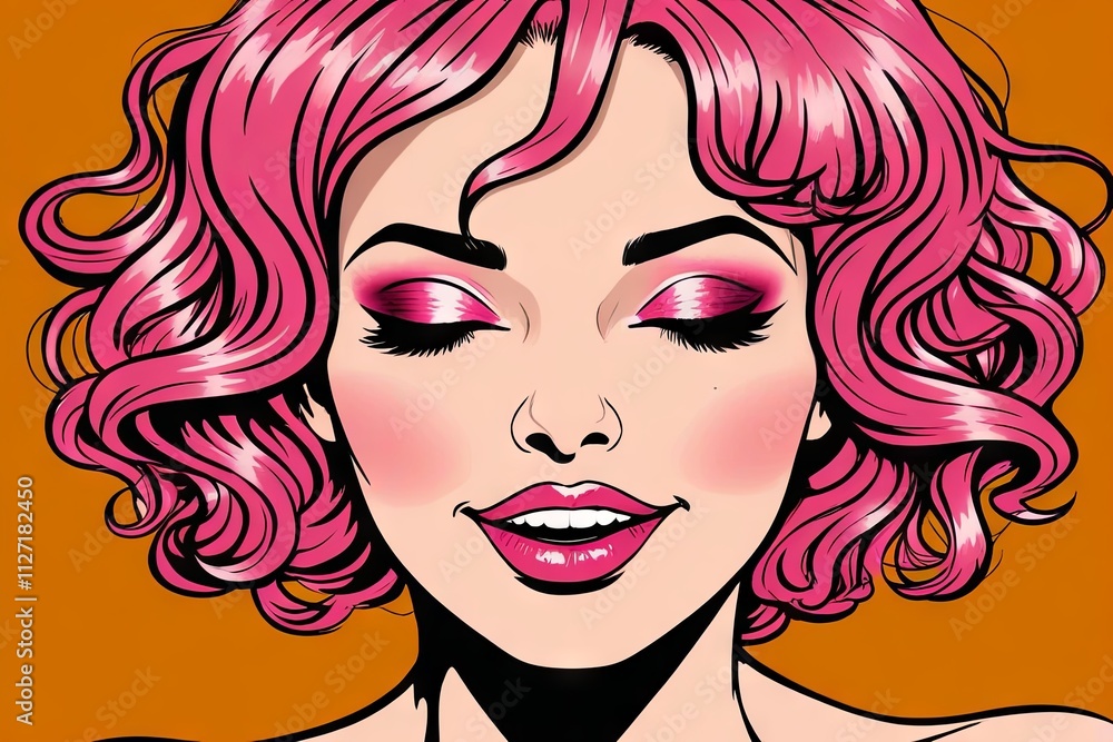 Bright and bold pop art portrait of a woman with pink hair and vibrant makeup Bright and bold pop art portrait of a woman with pink hair and vibrant makeup