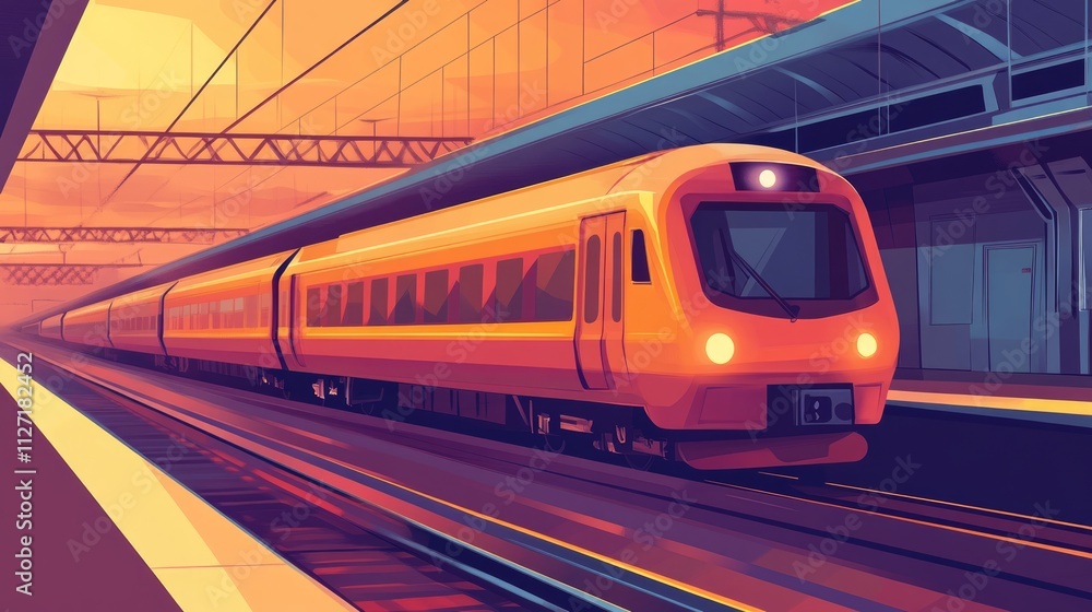 Naklejka premium Modern commuter train arriving at station platform at sunset.