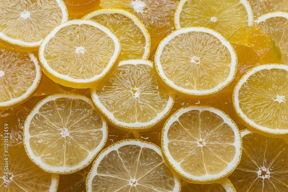 A photo of a collection of translucent, yellow, and crystalline jelly slices of citrus fruits, lemons or oranges A photo of a collection of translucent, yellow, and crystalline jelly slices of citrus fruits, lemons or oranges