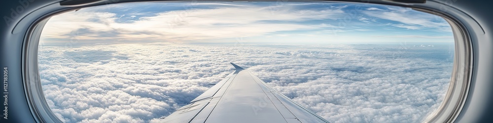 Panoramic view from airplane window on wings and clouds. Panoramic view from airplane window on wings and clouds.