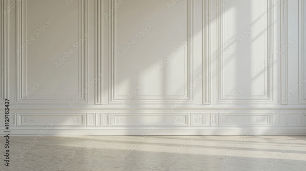 Fototapeta premium Empty white panelling wall background, classical design, with light colored floors. Mock up