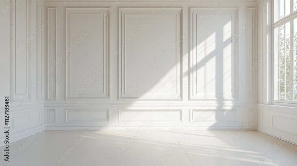 Fototapeta premium Empty white panelling wall background, classical design, with light colored floors. Mock up
