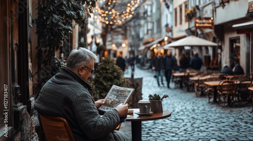 Fototapeta Naklejka Na Ścianę i Meble -  Cozy Cafe Setting in Quaint European Town with Charming Streets