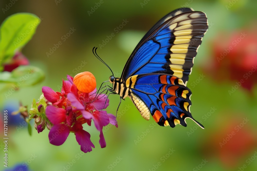 A butterfly with bright blue, orange, and yellow wings hovering near a vibrant red and purple flower, captured in ultra HD with precise, sharp focus. A butterfly with bright blue, orange, and yellow wings hovering near a vibrant red and purple flower, captured in ultra HD with precise, sharp focus.