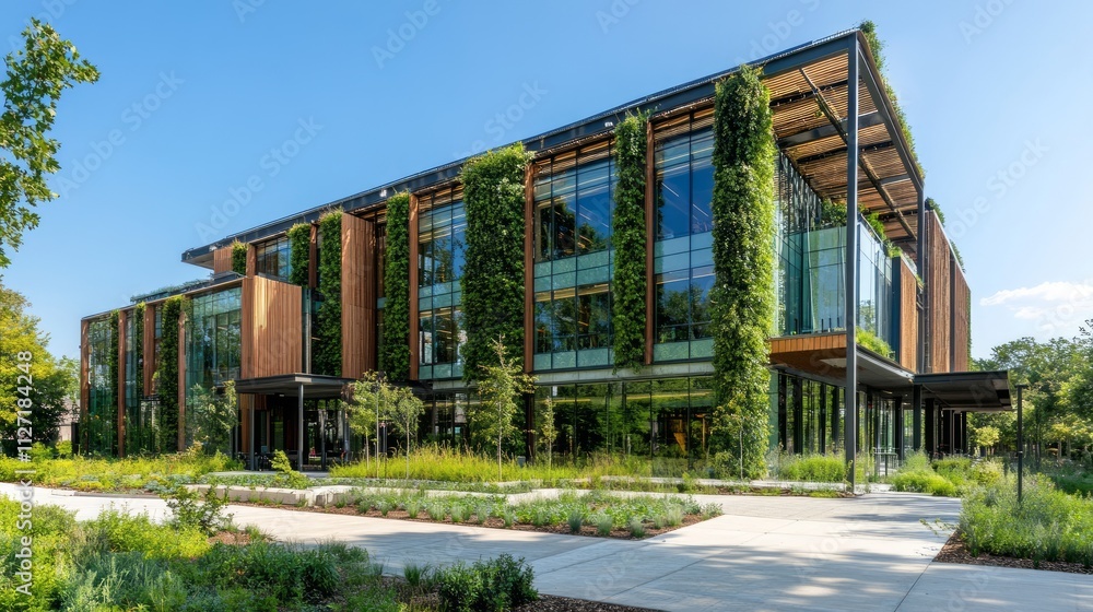 Obraz premium Modern green building with extensive vertical gardens and landscaping.