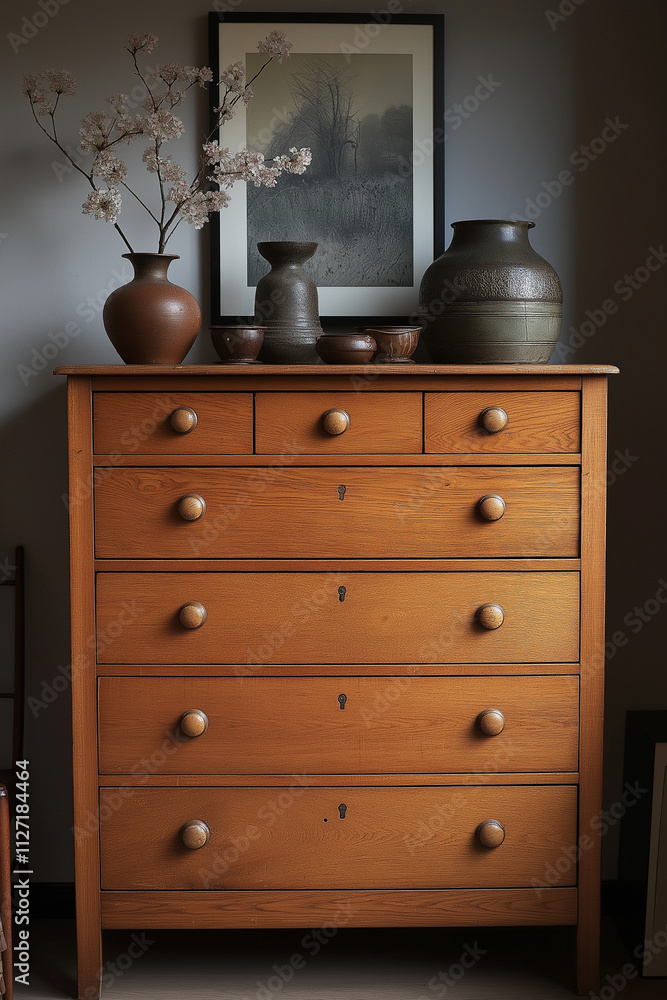 Photo studio d'une commode en bois naturel avec finition soignée et design élégant, sur fond blanc Photo studio d'une commode en bois naturel avec finition soignée et design élégant, sur fond blanc