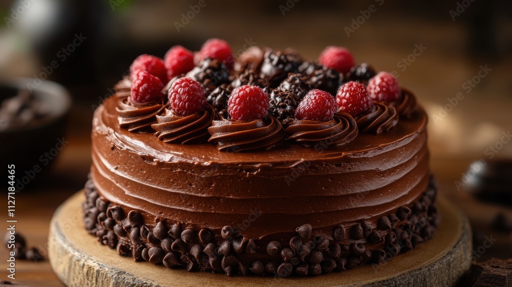 Delicious chocolate layer cakes with rich frosting, decorative toppings like fresh berries, cream swirls, and chocolate chips, showcasing elegance and indulgence in dessert presentation. Delicious chocolate layer cakes with rich frosting, decorative toppings like fresh berries, cream swirls, and chocolate chips, showcasing elegance and indulgence in dessert presentation.