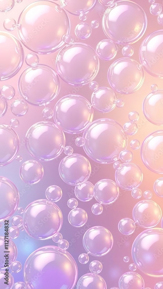 Pastel iridescent bubbles floating on a soft pink and purple background. Pastel iridescent bubbles floating on a soft pink and purple background.