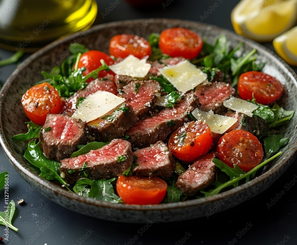 A healthy green salad with fresh red tomatoes and feta cheese, a perfect lunch dish